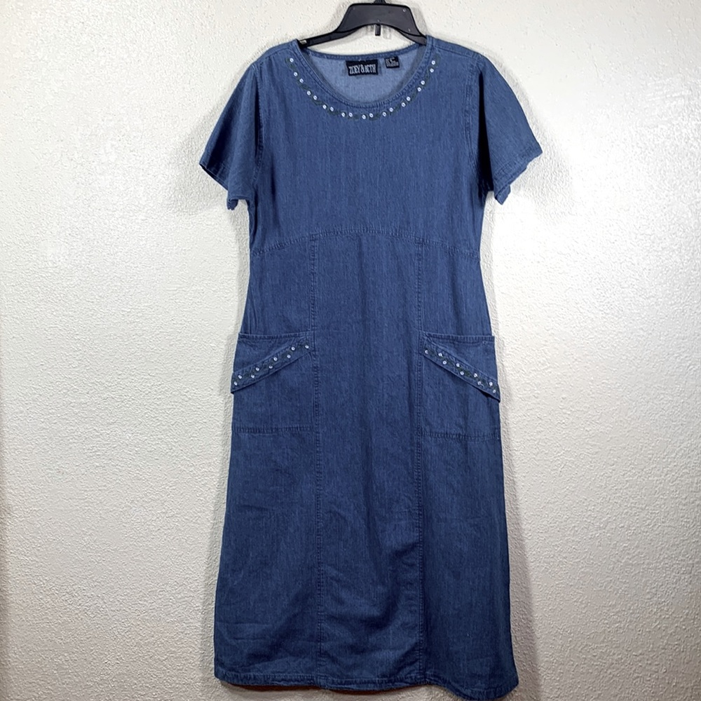 Zoey & Beth Jean Dress Maxi Blue Embroidered Flowers M Pullover Short Sleeve